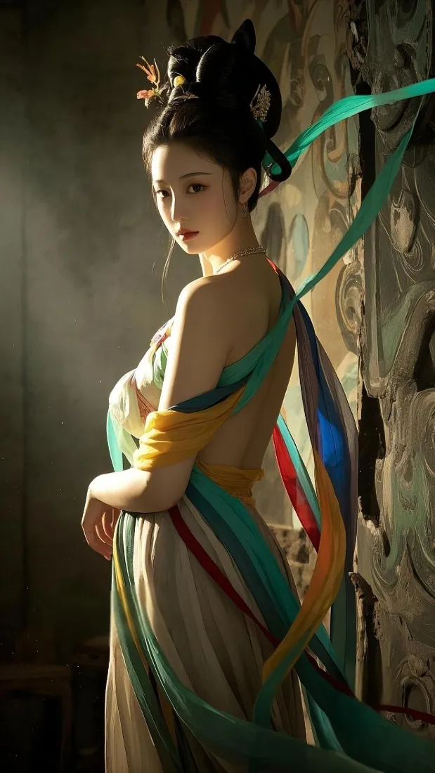 敦煌飞天美女手机壁纸｜古风背景图片 - 露背彩绸光影氛围感人像「哲风壁纸」