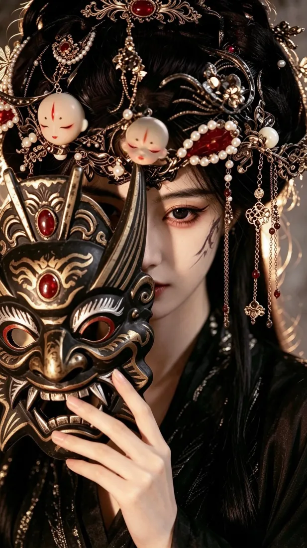 古风巫女傩面｜暗黑国风背景图片 - 珠饰发冠黑衣清冷人像「哲风壁纸」