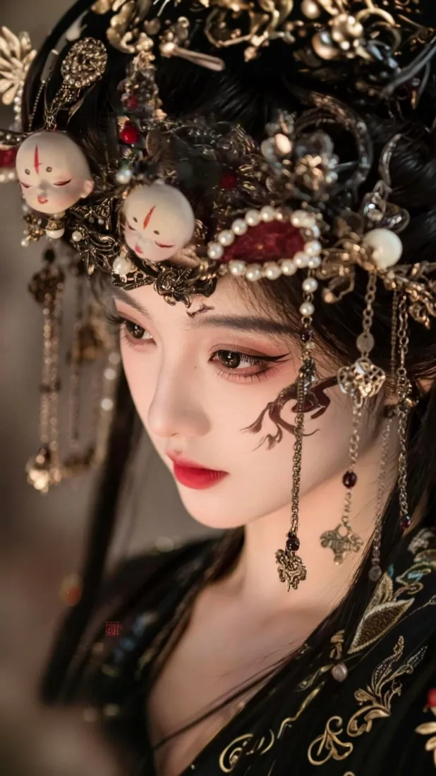 暗黑古风美人手机壁纸｜红妆华丽发冠背景图片「哲风壁纸」