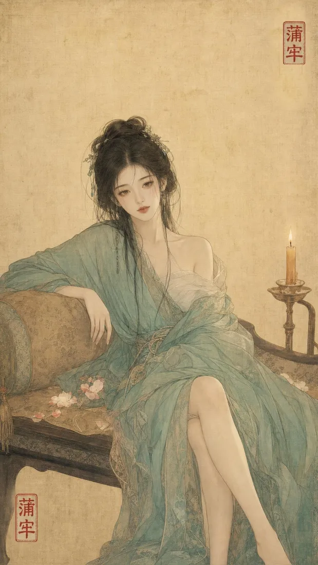 古风仕女手机壁纸｜烛台斜倚背景图片 - 绿衣纱衣慵懒国风工笔「哲风壁纸」