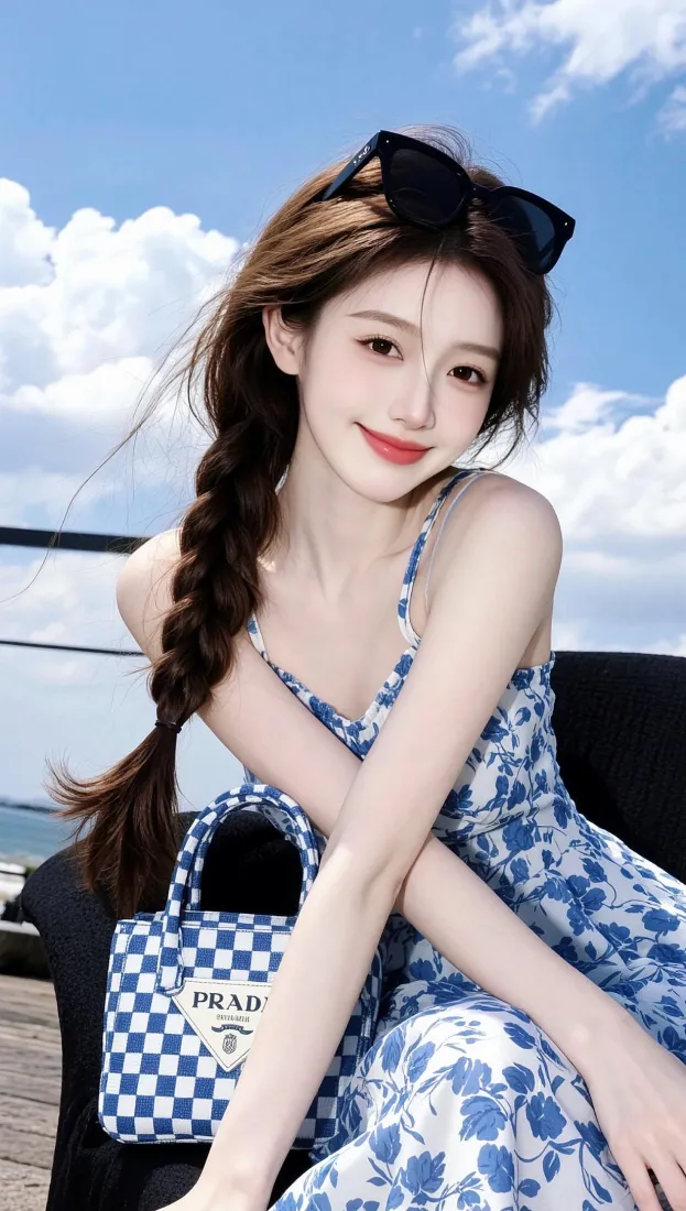 甜美女生手机壁纸｜海边度假背景图片 - 碎花吊带穿搭「哲风壁纸」
