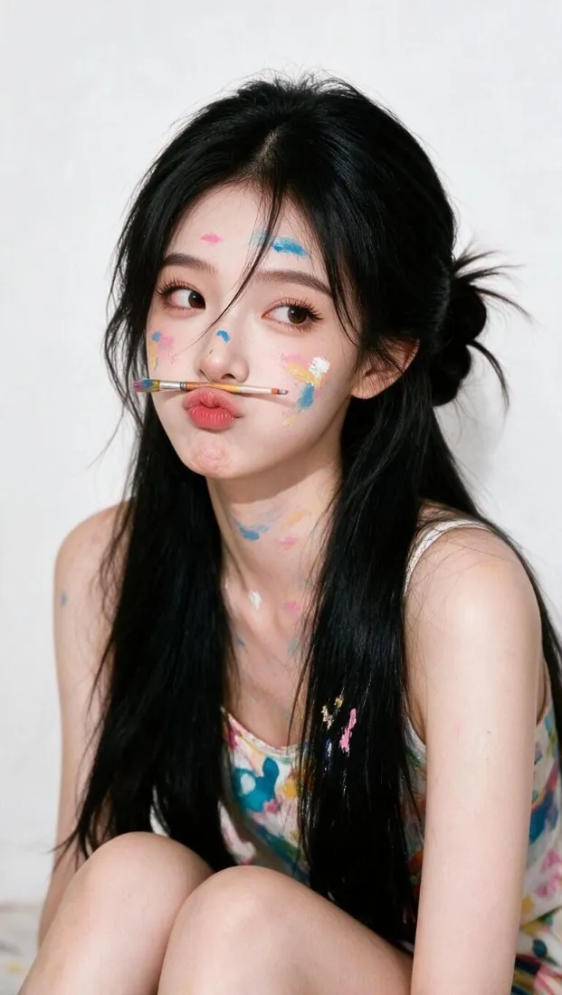 甜酷少女手机壁纸｜涂鸦妆背景图片 - 吊带嘟嘴「哲风壁纸」
