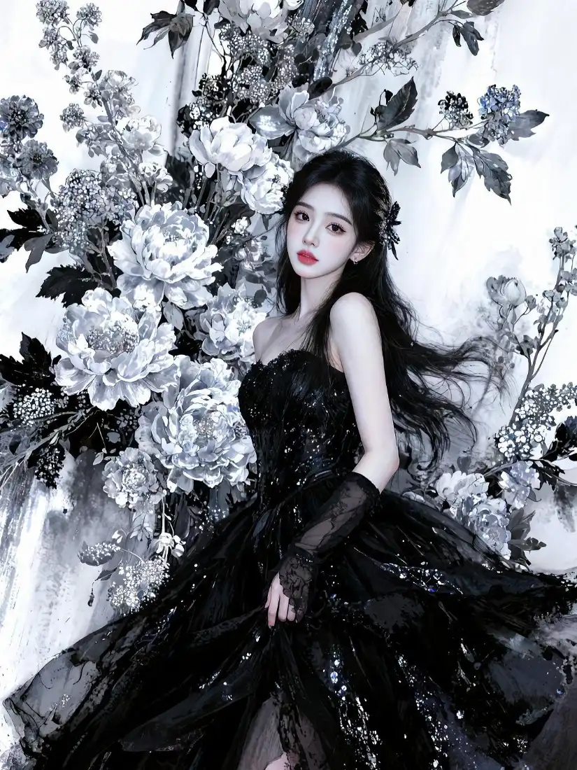 黑裙美女｜冷调花簇背景图片 - 优雅氛围感写真「哲风壁纸」