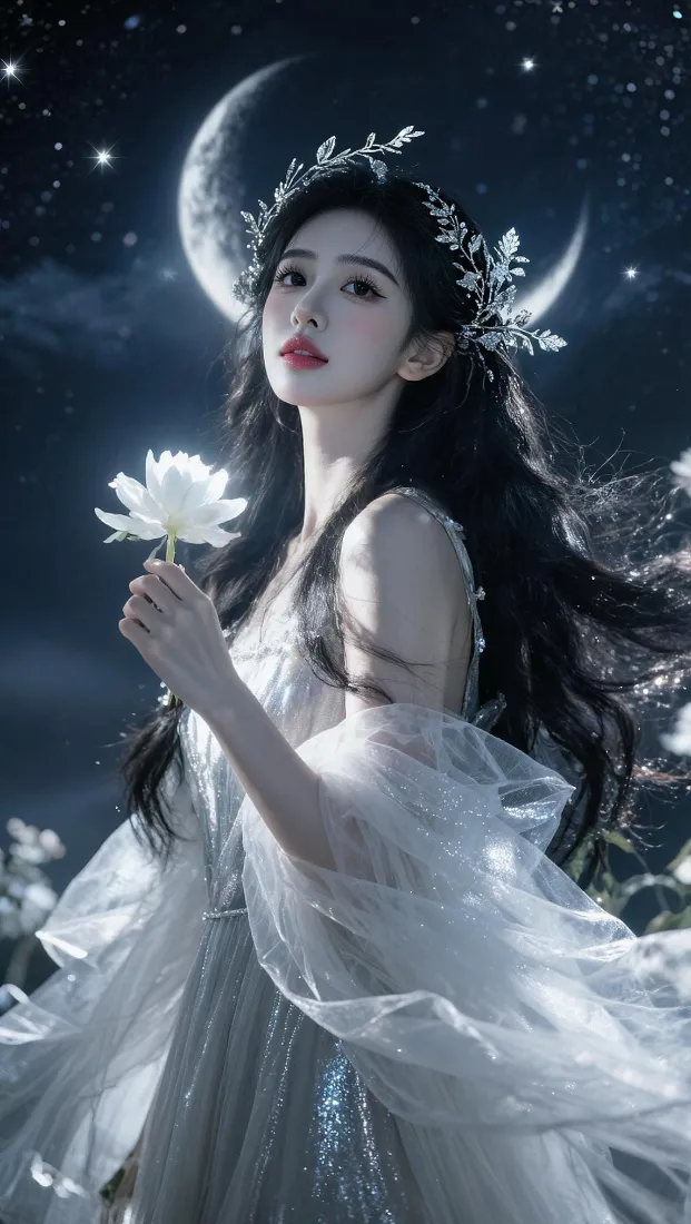 月光仙子手机壁纸｜星空弯月背景图片 - 白裙持莲仙女「哲风壁纸」