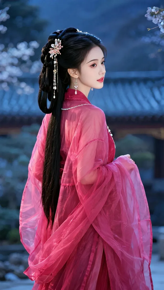 古风红衣美人手机壁纸｜夜景庭院背景图片 - 回眸纱衣造型「哲风壁纸」