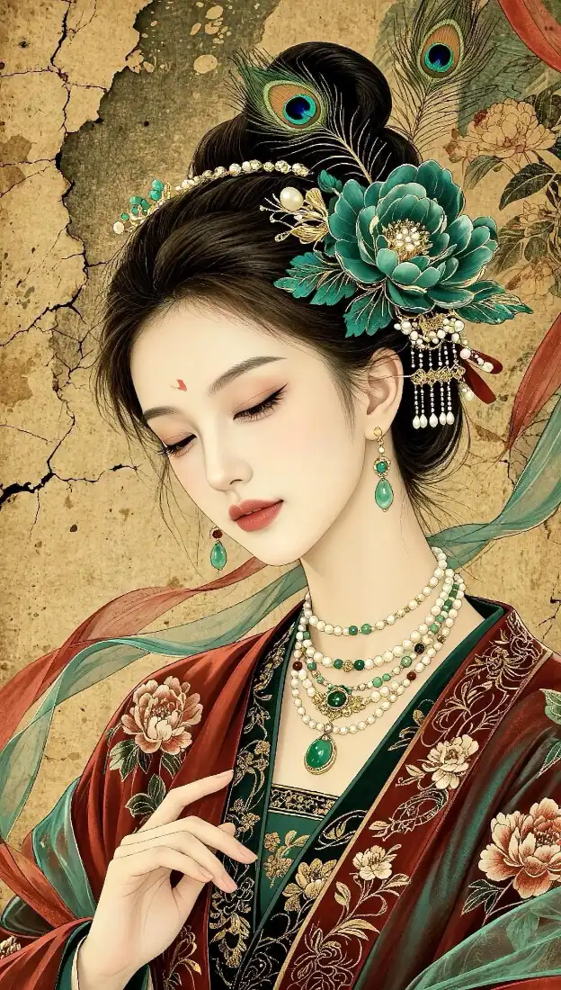 古风仕女｜背景图片 - 绿牡丹发饰红衣国风插画「哲风壁纸」