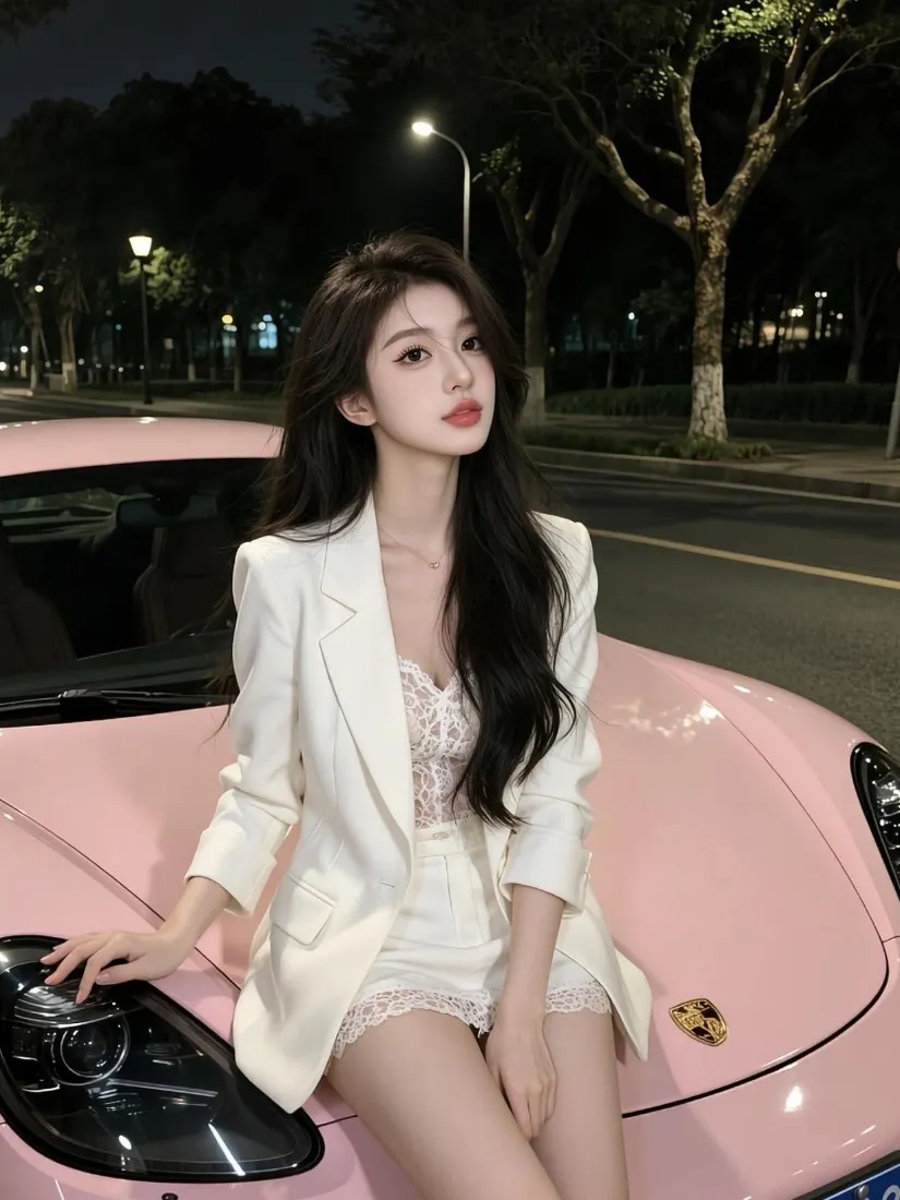 气质美女｜夜晚街拍背景图片 - 白西装靠粉色跑车「哲风壁纸」