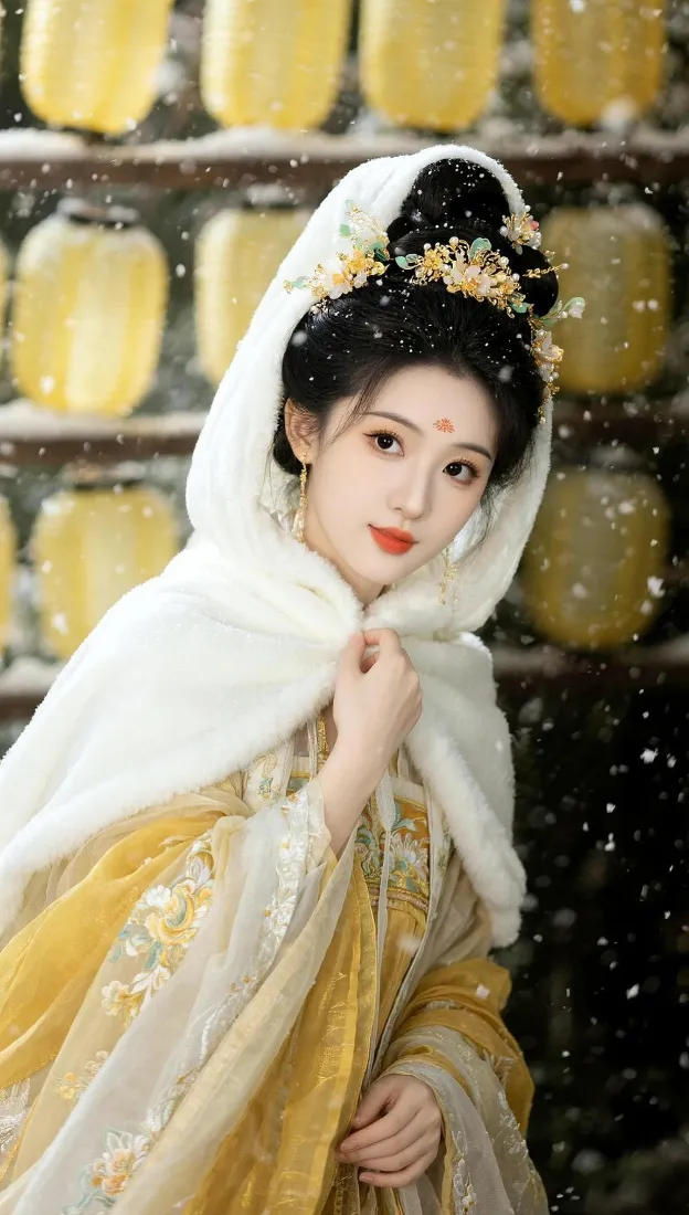 古风汉服美女手机壁纸｜雪天灯笼背景图片 - 氛围感古装人像「哲风壁纸」