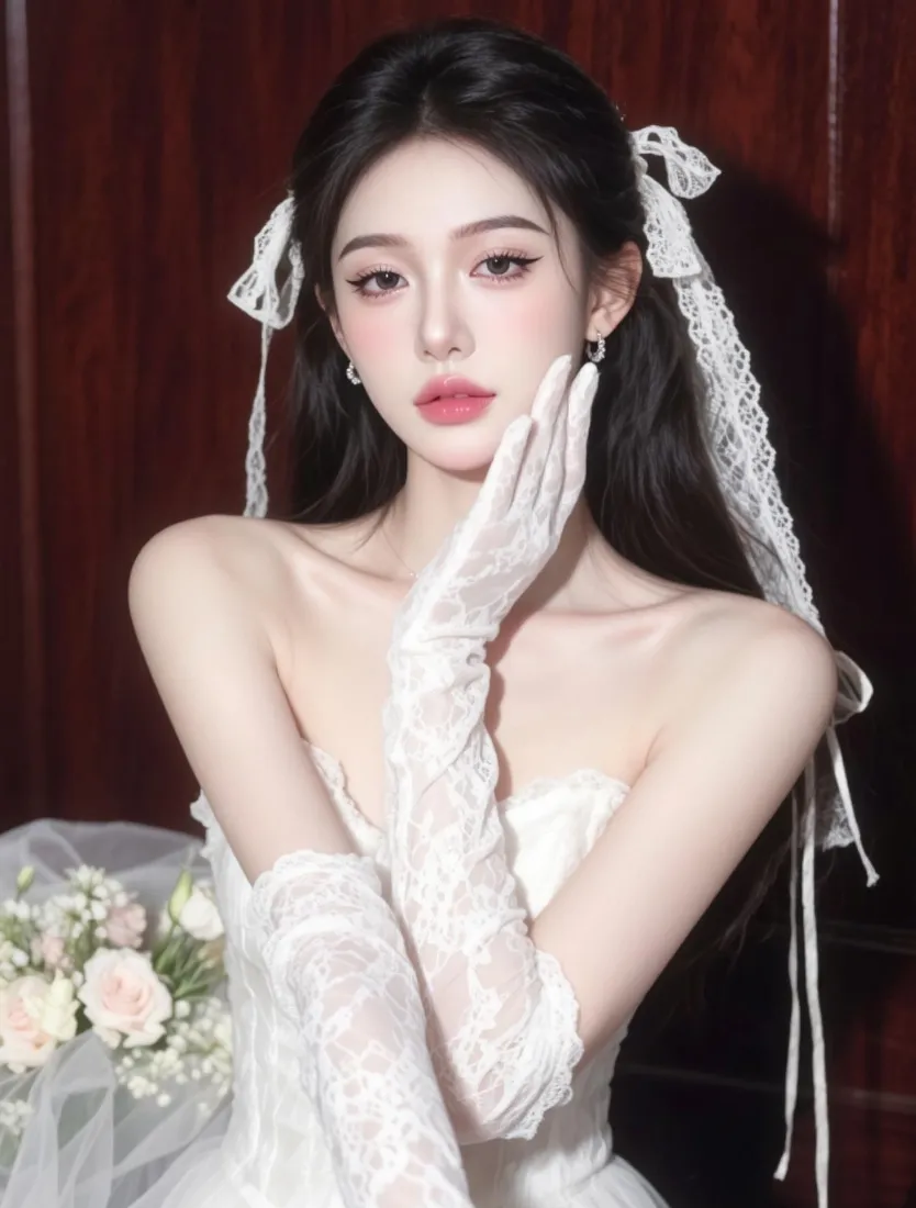 白纱美女手机壁纸｜纯欲婚纱背景图片 - 蕾丝发带「哲风壁纸」