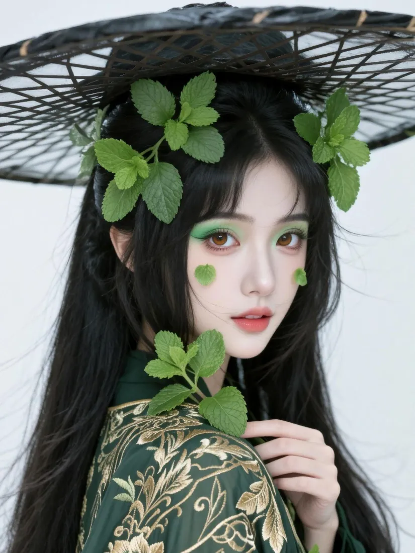 古风汉服美女｜薄荷叶创意妆造背景图片 - 清新国风人像「哲风壁纸」