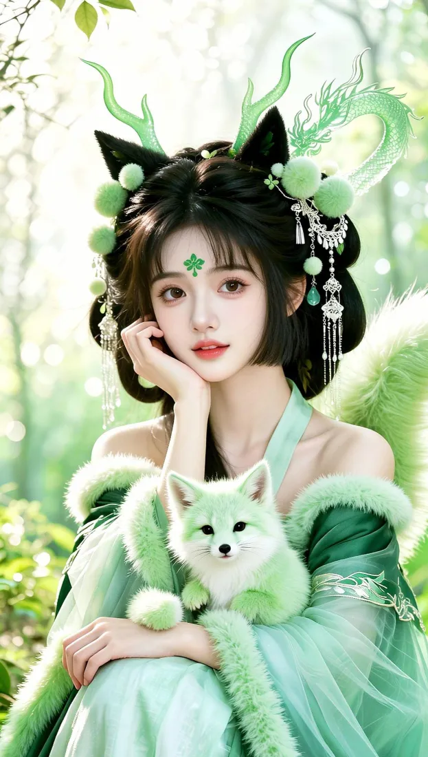 古风狐仙手机壁纸｜森林背景图片 - 绿衣灵狐少女「哲风壁纸」