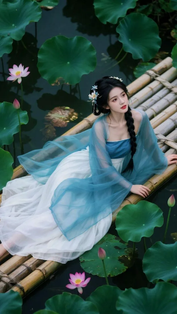古风汉服女子手机壁纸｜荷塘竹筏背景图片 - 清雅国风荷塘人像「哲风壁纸」
