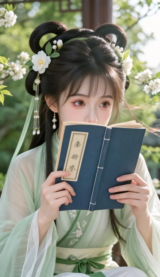 古风汉服少女手机壁纸｜园林背景图片 - 持书温婉清新「哲风壁纸」
