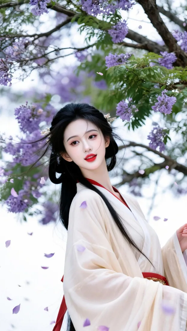 古风汉服美女手机壁纸|蓝花楹树下背景图片 - 白衣红唇氛围感「哲风壁纸」 古风汉服美女手机壁纸|蓝花楹树下背景图片 - 白衣红唇氛围感「哲风壁纸」