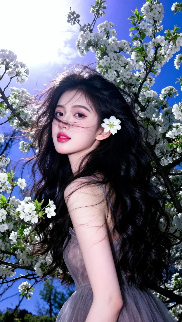 氛围感美女｜白花树蓝天背景图片 - 黑长卷发灰纱裙「哲风壁纸」