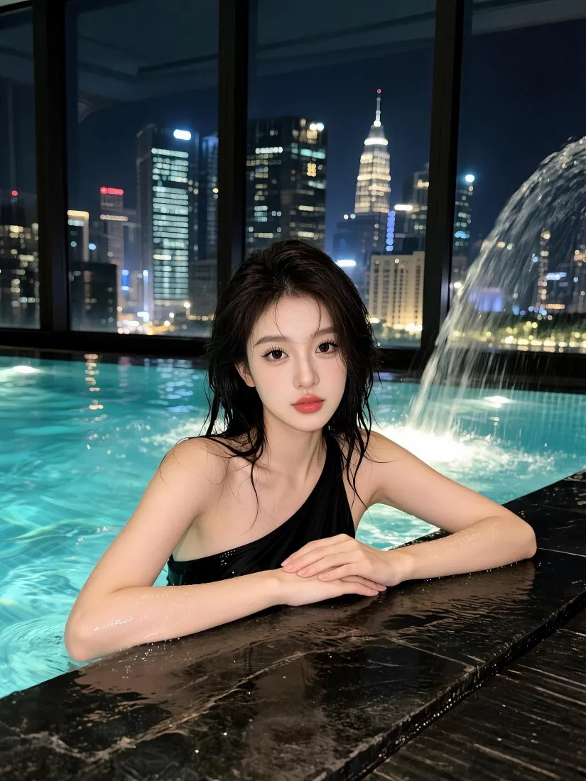 气质美女泳池|城市夜景背景图片 - 黑泳衣湿发氛围感「哲风壁纸」 气质美女泳池|城市夜景背景图片 - 黑泳衣湿发氛围感「哲风壁纸」