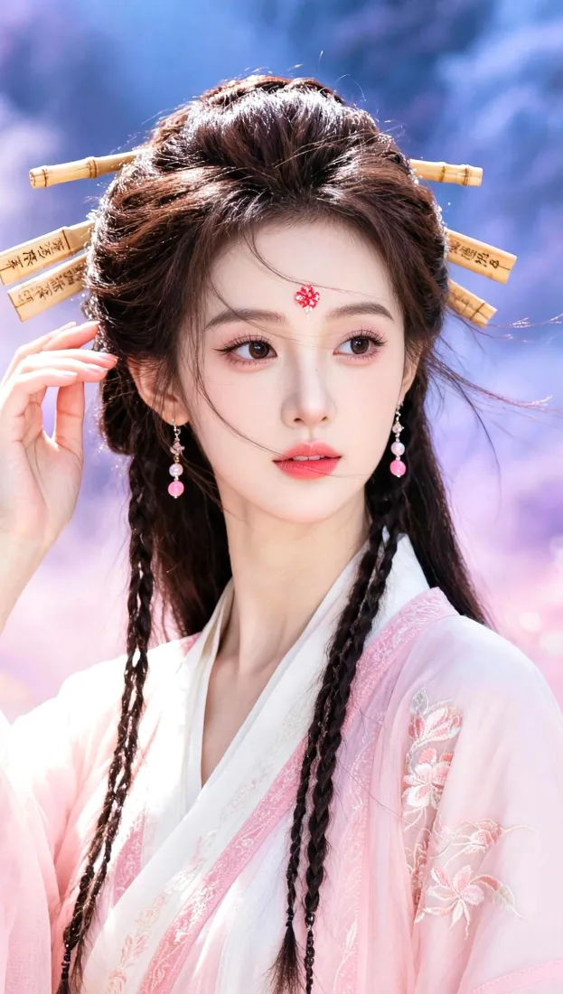 古风汉服美女｜蓝紫渐变背景图片 - 粉衣花钿竹簪造型「哲风壁纸」
