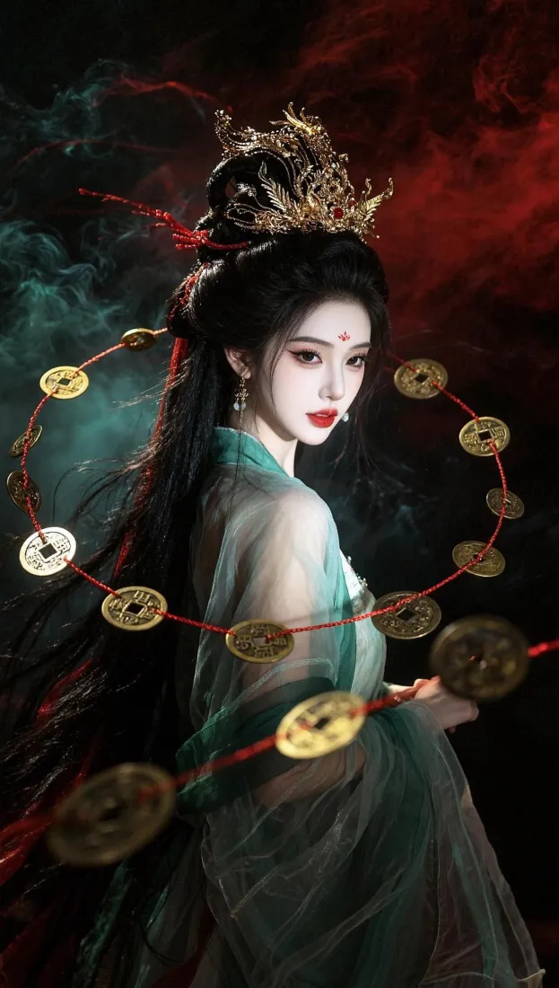 古风少女手机壁纸｜红绳铜钱背景图片 - 绿衣国风「哲风壁纸」