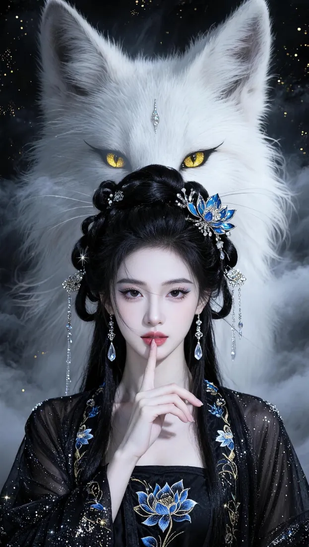 古风女子与白狐｜国风背景图片 - 黑衣蓝莲氛围感插画「哲风壁纸」