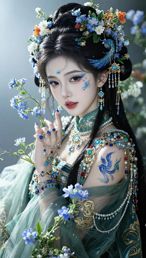 古风汉服女子手机壁纸|蓝花珠饰背景图片 - 绿衣花钿「哲风壁纸」 古风汉服女子手机壁纸|蓝花珠饰背景图片 - 绿衣花钿「哲风壁纸」