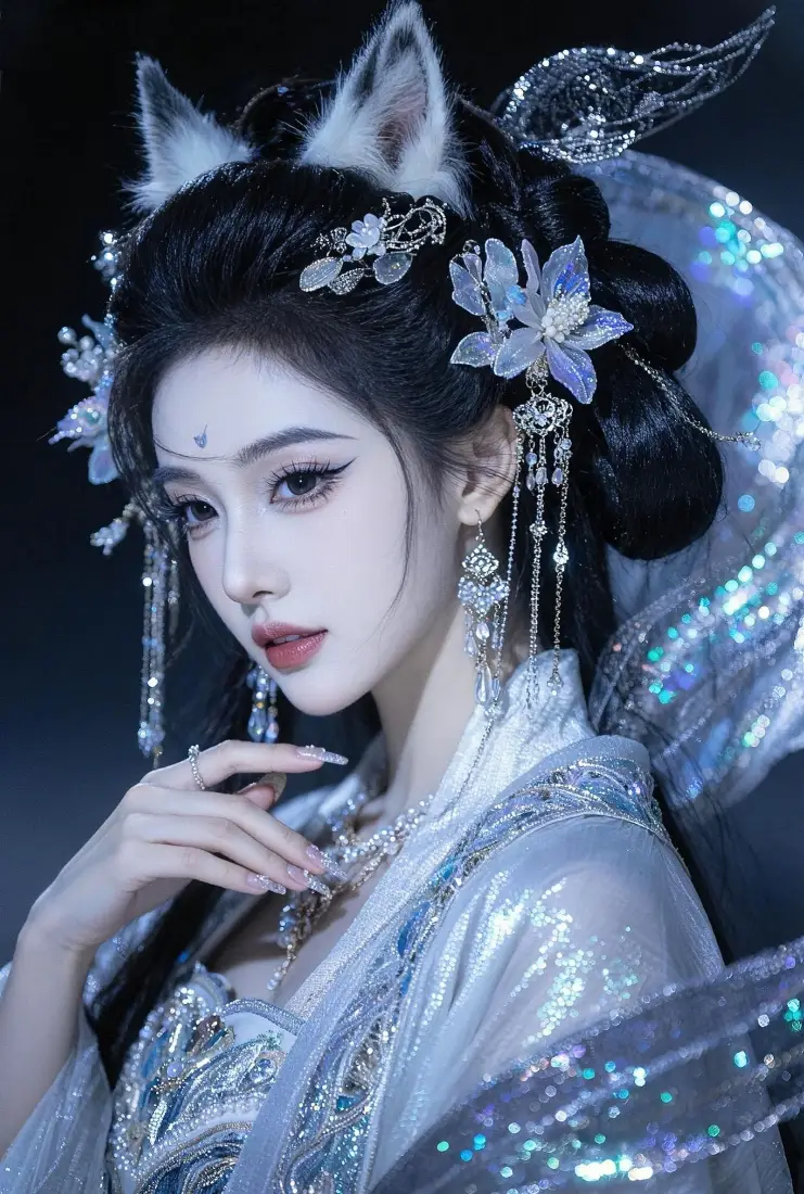 古风九尾狐少女手机壁纸｜银蓝汉服背景图片 - 清冷狐妖妆造「哲风壁纸」