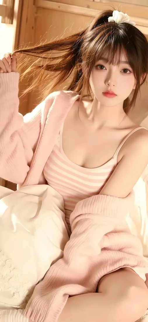 粉衣美女手机壁纸｜居家卧室背景图片 - 温柔氛围感少女「哲风壁纸」