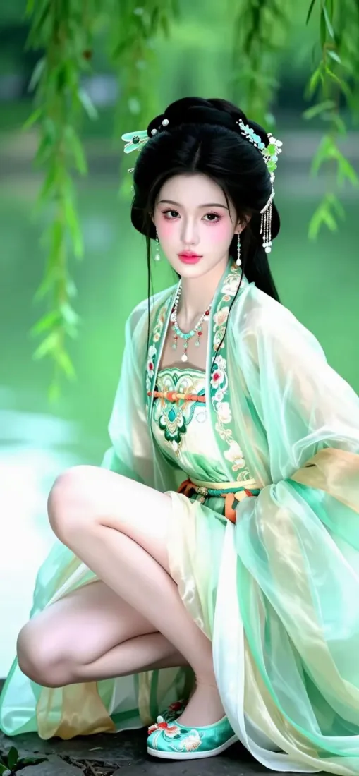 古风汉服美女手机壁纸｜垂柳水边背景图片 - 绿衣佳人「哲风壁纸」