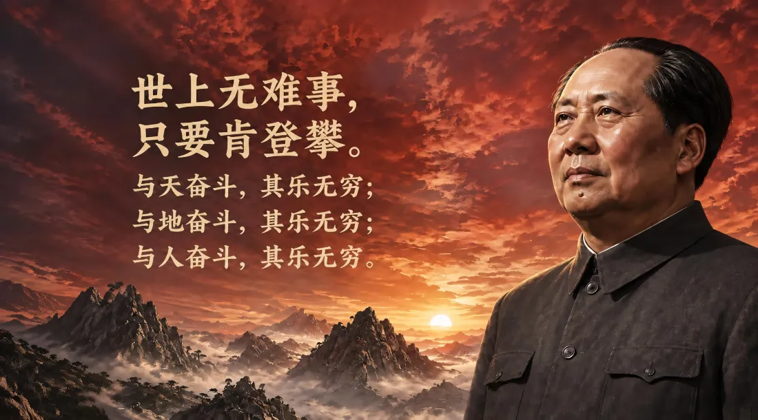 2k毛主席语录壁纸｜人生励志背景图片 - 红底山水日出「哲风壁纸」