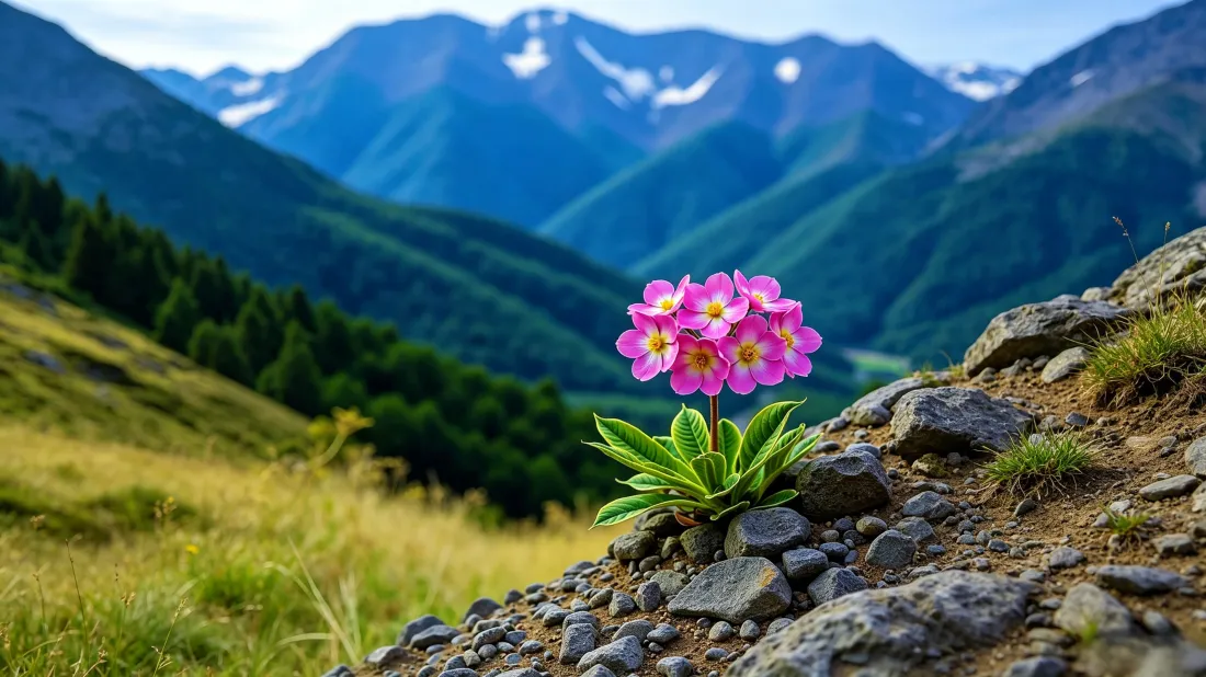 3k高山粉花｜山峦草甸背景图片 - 岩石野花自然风景「哲风壁纸」