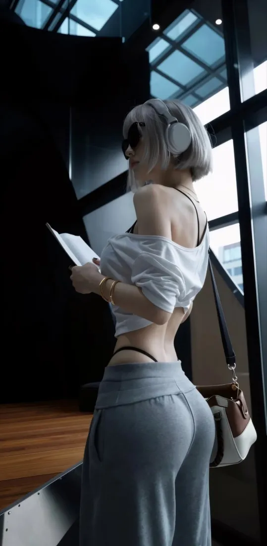 白发耳机美女手机壁纸｜室内背景图片 - 露背穿搭背影「哲风壁纸」