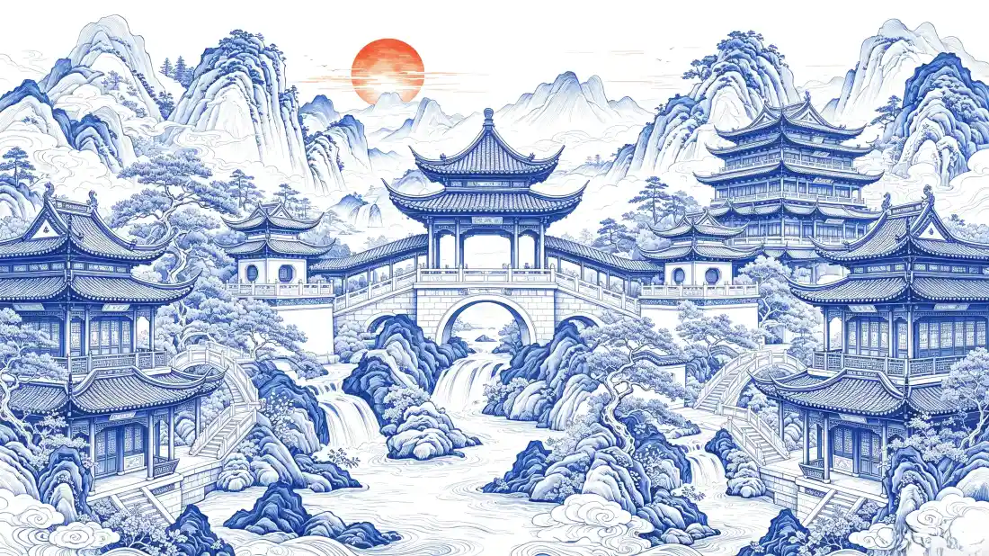 3k青花山水楼阁壁纸｜中式古建背景图片 - 国风山水意境「哲风壁纸」