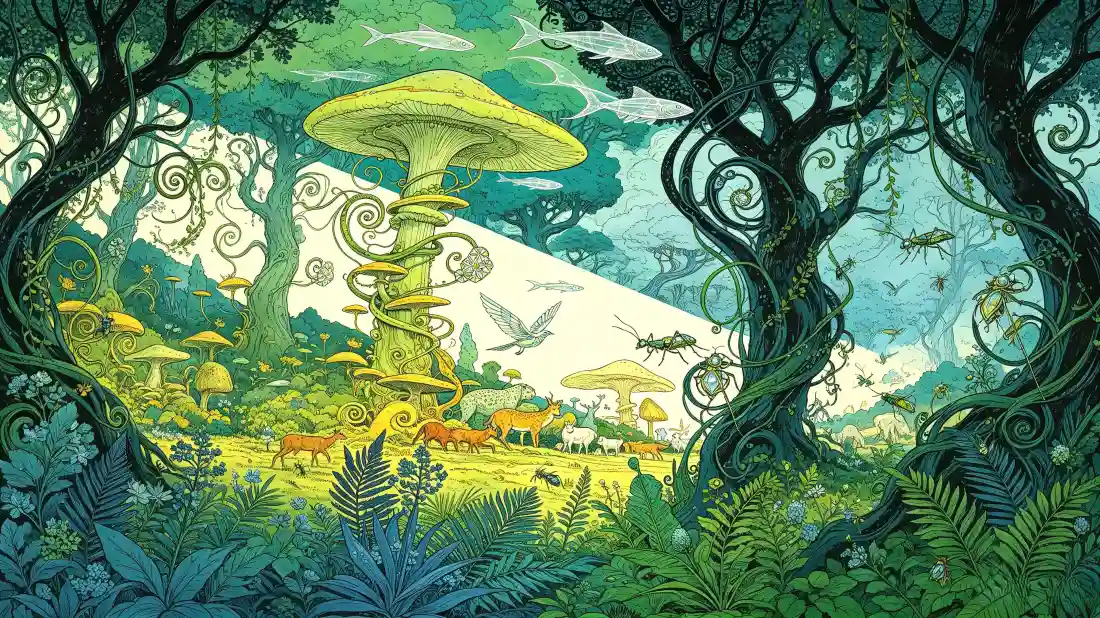 3k奇幻蘑菇森林｜梦幻童话背景图片 - 绿意秘境插画「哲风壁纸」