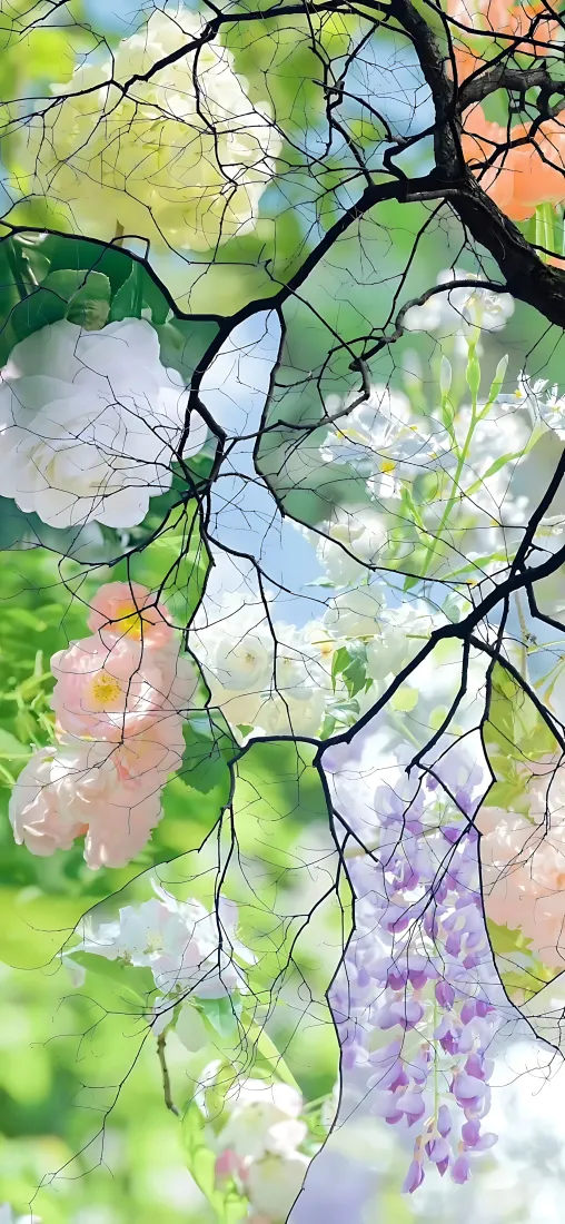 紫藤花手机壁纸｜透明叶脉背景图片 - 清新四季花卉插画「哲风壁纸」