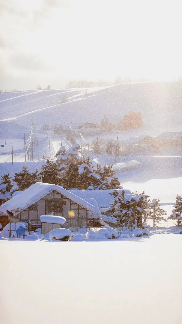 冬日雪景木屋｜雪山松林背景图片 - 暖光治愈「哲风壁纸」