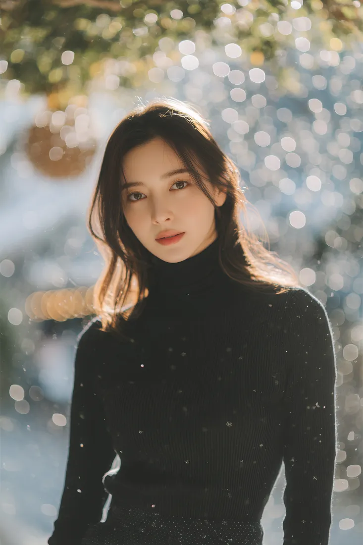 气质女性手机壁纸｜冬日雪景背景图片 - 黑高领毛衣长发人像「哲风壁纸」