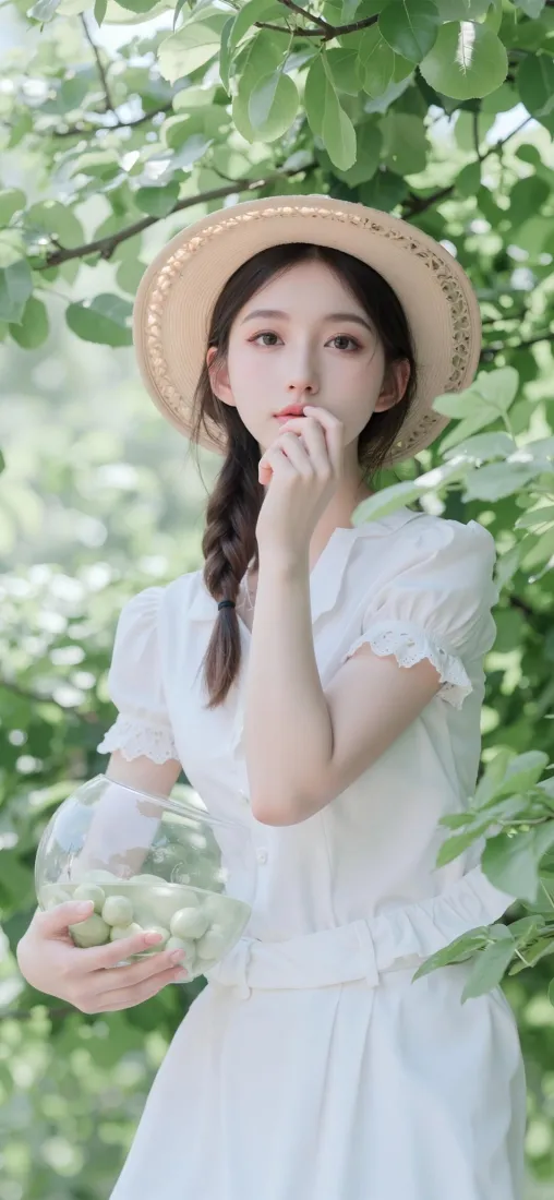 森系少女手机壁纸｜户外清新背景图片 - 草帽白裙「哲风壁纸」