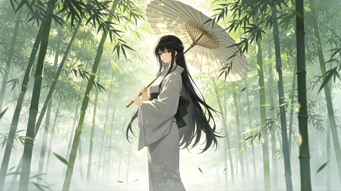 4k和服少女壁纸｜竹林晨雾背景图片 - 持伞回眸「哲风壁纸」