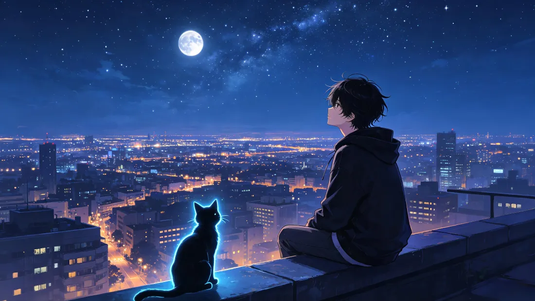 4k少年与黑猫壁纸|月夜城市背景图片 - 天台星空「哲风壁纸」 4k少年与黑猫壁纸|月夜城市背景图片 - 天台星空「哲风壁纸」