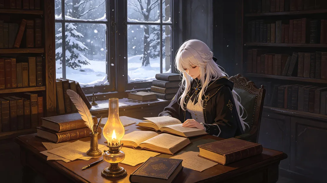 4k白发少女壁纸|书房雪景背景图片 - 油灯伴读静谧氛围「哲风壁纸」 4k白发少女壁纸|书房雪景背景图片 - 油灯伴读静谧氛围「哲风壁纸」