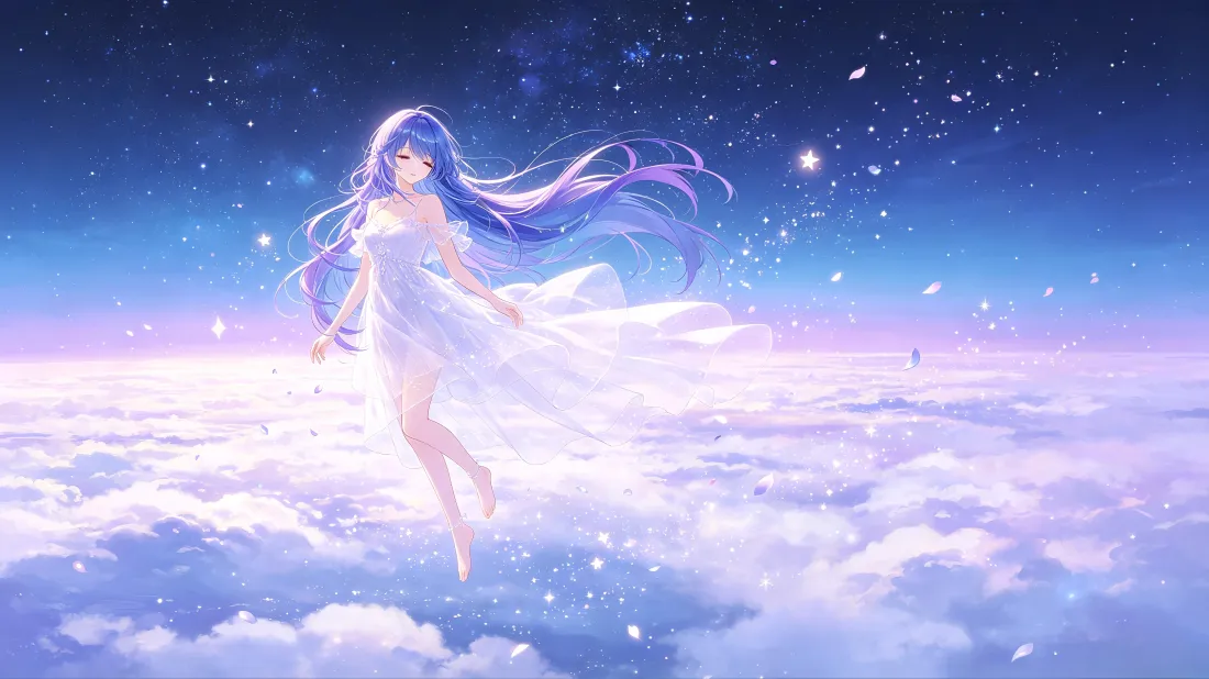4k蓝发少女壁纸｜云海星空背景图片 - 白裙浮空梦幻二次元「哲风壁纸」