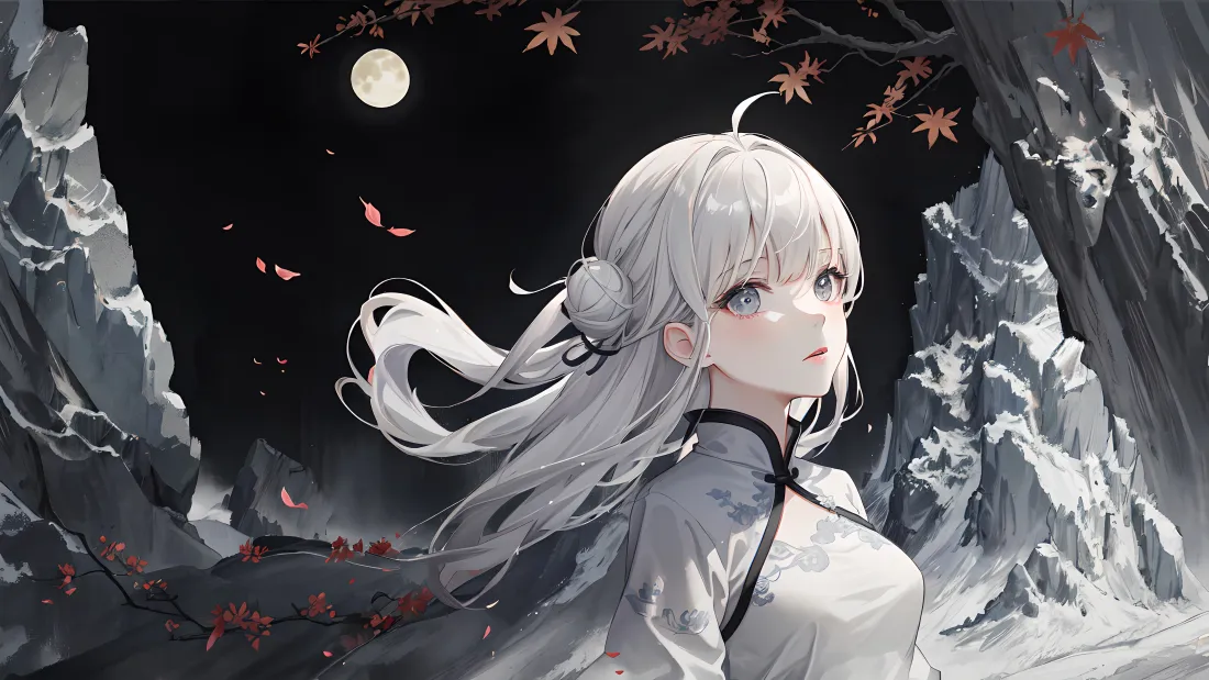 4k白发旗袍少女壁纸｜月夜山涧背景图片 - 国风清冷二次元「哲风壁纸」