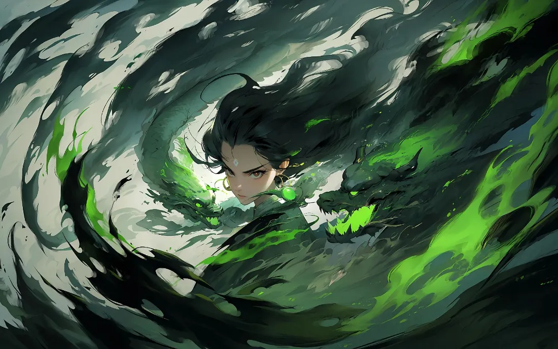 2k赛博修仙绿龙少年壁纸｜水墨风背景图片 - 凌厉眼神奇幻插画「哲风壁纸」