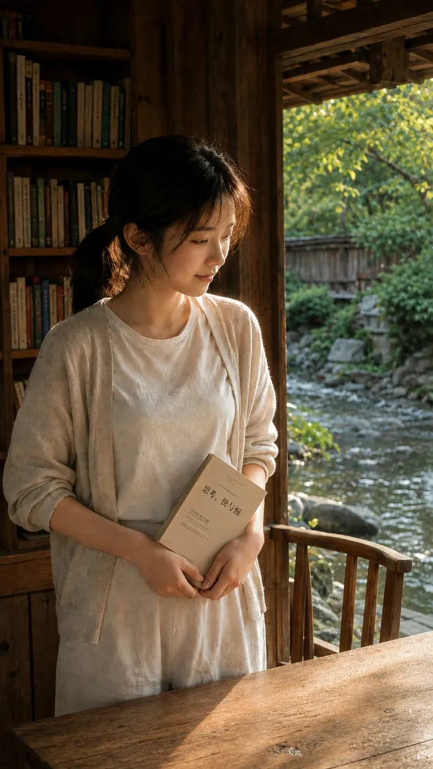 阅读少女手机壁纸｜木屋窗边背景图片 - 溪流绿荫治愈场景「哲风壁纸」