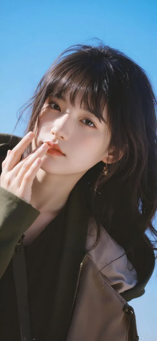户外少女手机壁纸｜蓝天背景图片 - 氛围感黑发红唇女生「哲风壁纸」