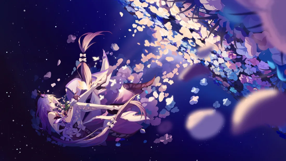 8k崩坏壁纸｜深蓝背景图片 - 粉发少女樱花飘落「哲风壁纸」