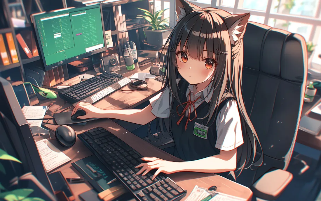 6k猫耳少女电脑工作|办公室背景图片 - 二次元制服女孩「哲风壁纸」 6k猫耳少女电脑工作|办公室背景图片 - 二次元制服女孩「哲风壁纸」