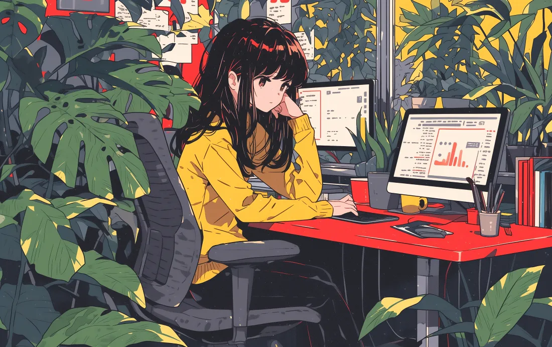 6k动漫女孩壁纸|办公室工作背景图片 - 绿植环绕托腮办公场景「哲风壁纸」 6k动漫女孩壁纸|办公室工作背景图片 - 绿植环绕托腮办公场景「哲风壁纸」