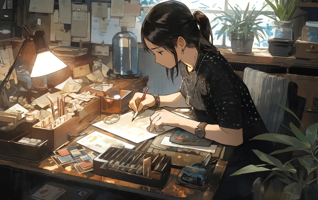 6k伏案书写女孩壁纸｜书桌创作背景图片 - 治愈日系手绘风「哲风壁纸」