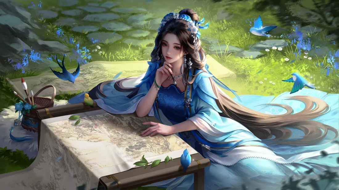 4k三国杀徐妏壁纸｜丹青入墨背景图片 - 蓝衣蝶舞古风才女「哲风壁纸」