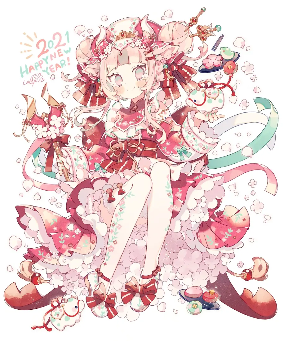 粉裙萝莉女孩插画｜甜系软萌背景图片 - 新年蝴蝶结元素「哲风壁纸」